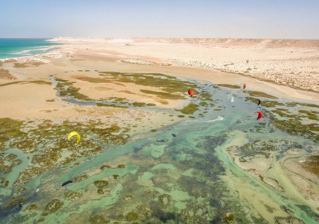 A wingfoiler peacefully gliding over the calm, clear waters of the Dream Spot in Dakhla on a guided trip.