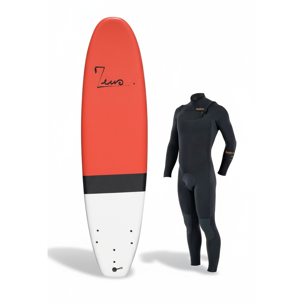 A selection of surfboards and wetsuits available for rent at the Bluboarding center in Dakhla.