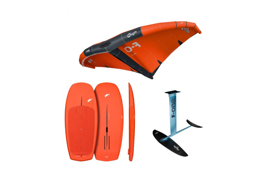 A complete wingfoil rental set, including wing, foil board, and mast, ready for use in Dakhla.