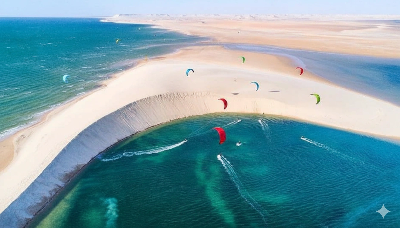 A kitesurfer enjoying a professionally guided downwinder excursion across the turquoise water of Dakhla's lagoon, approaching the famous White Dune.