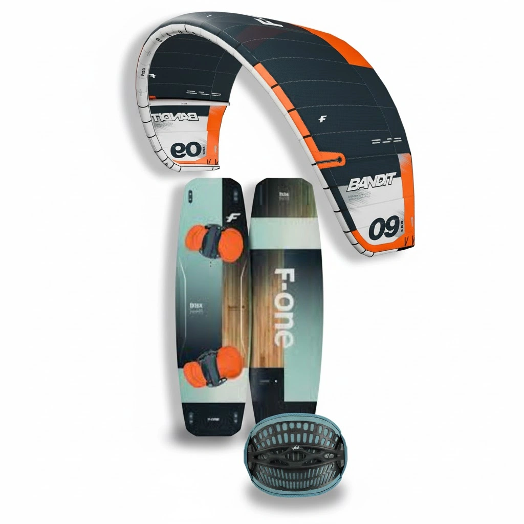 Un ensemble complet de location de kitesurf disposé sur la plage à Dakhla, prêt pour une session.