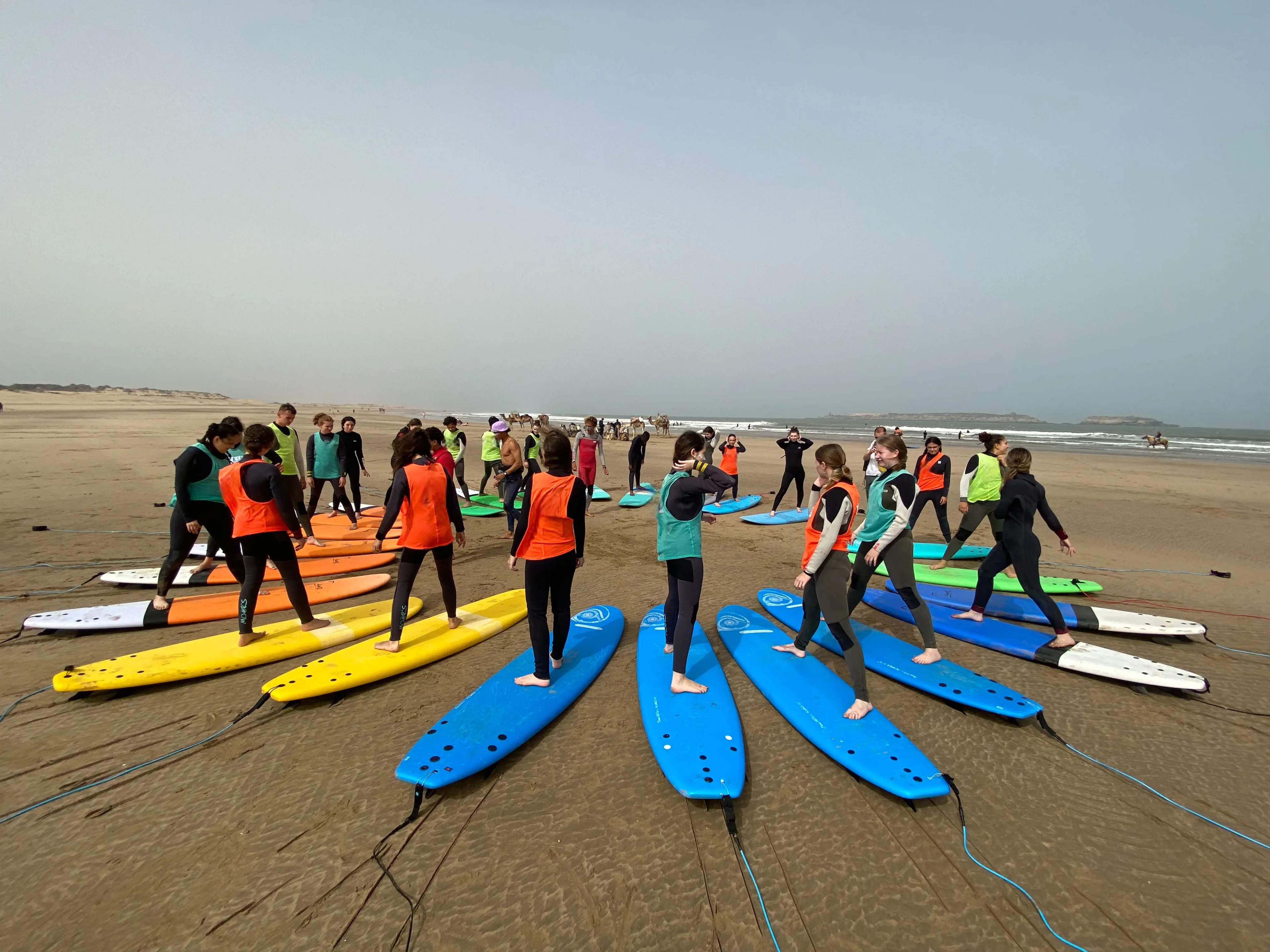 Large group of Bluboarding surf students learning the correct stance on the sandy beach of Essaouira during a multi-day watersports camp in Morocco.