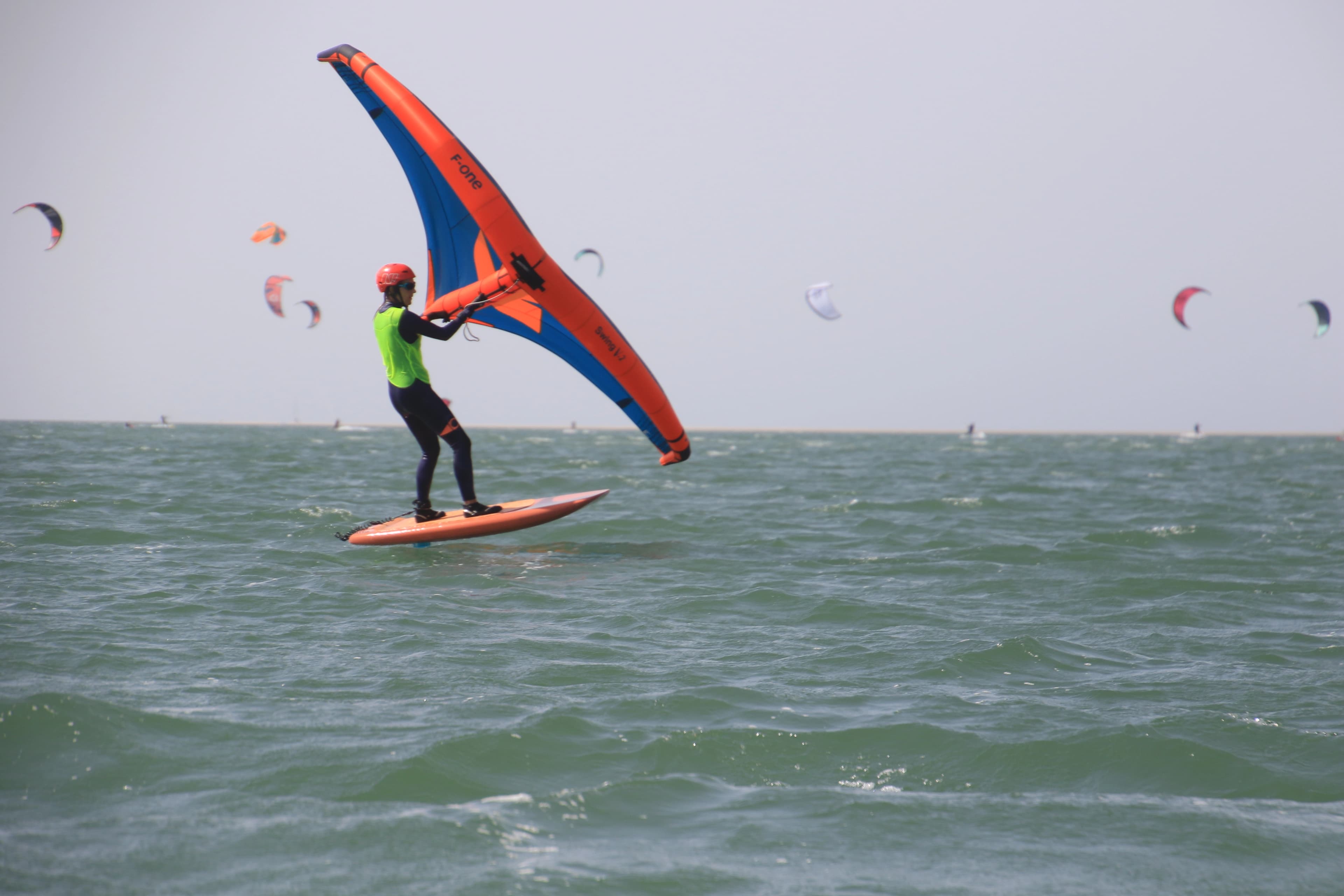 Wingfoil beginner learning in flat water inside Dakhla lagoon
