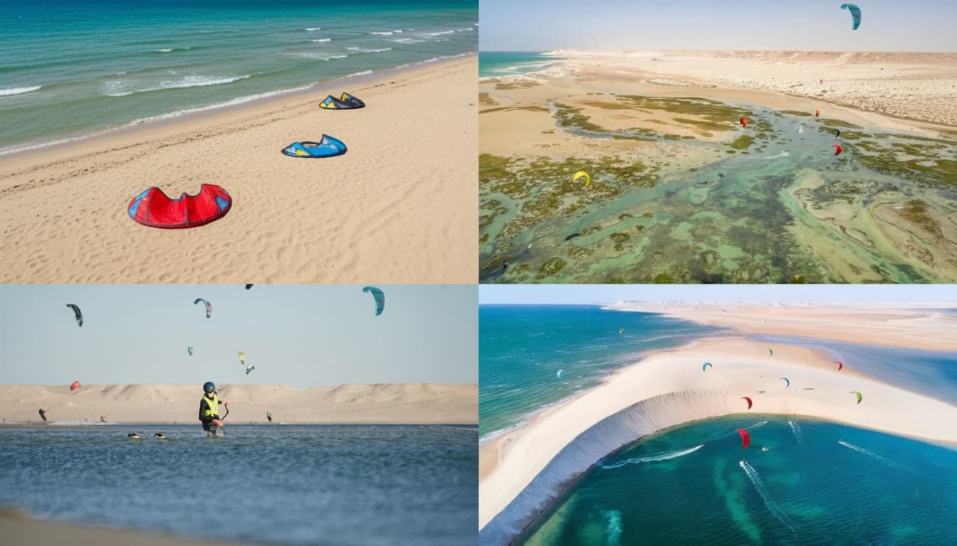 Kitesurfers riding together on a guided Bluboarding excursion in the Dakhla lagoon