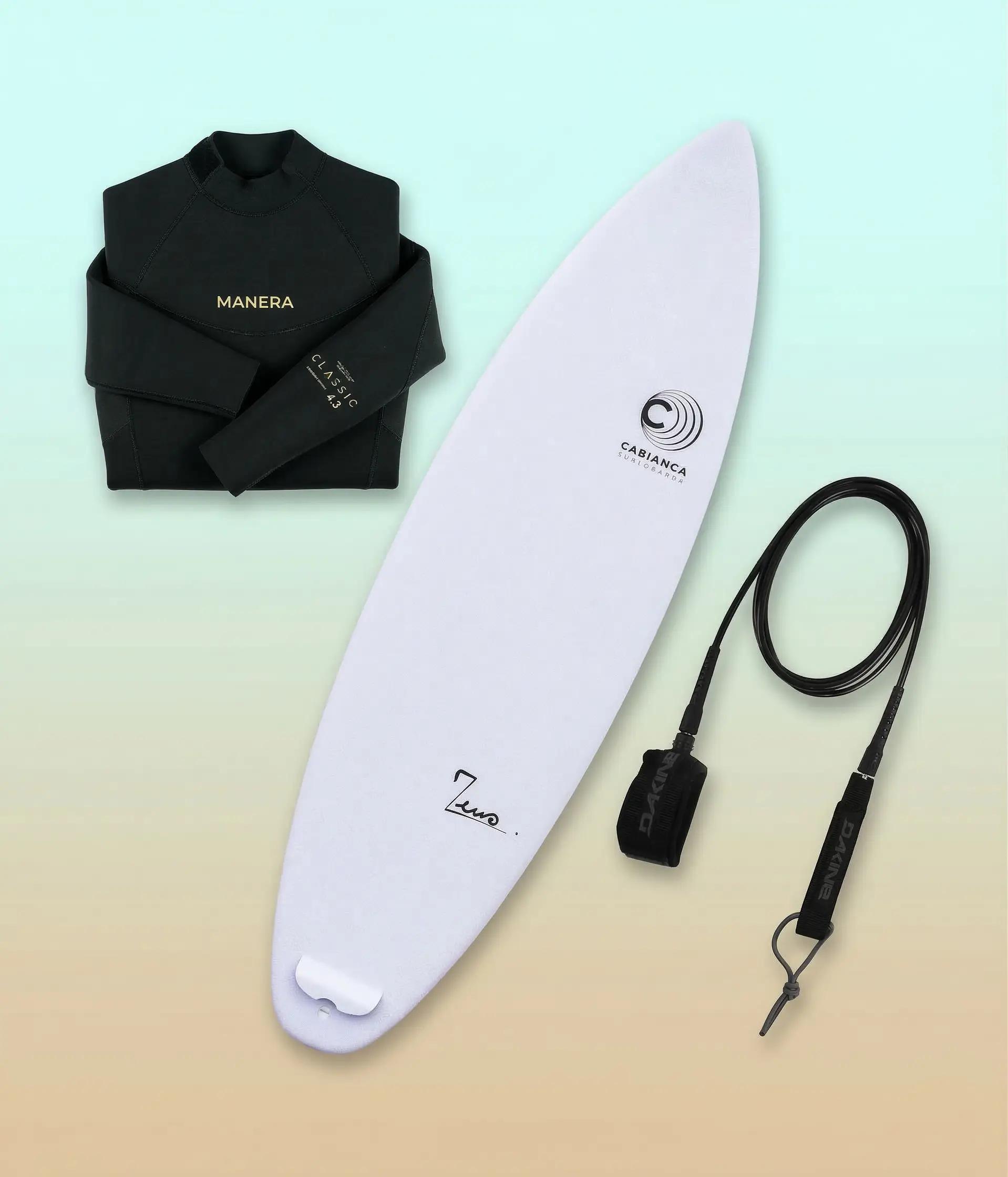 Surf rental gear from Bluboarding including surfboard, wetsuit and leash ready for a session in Morocco.
