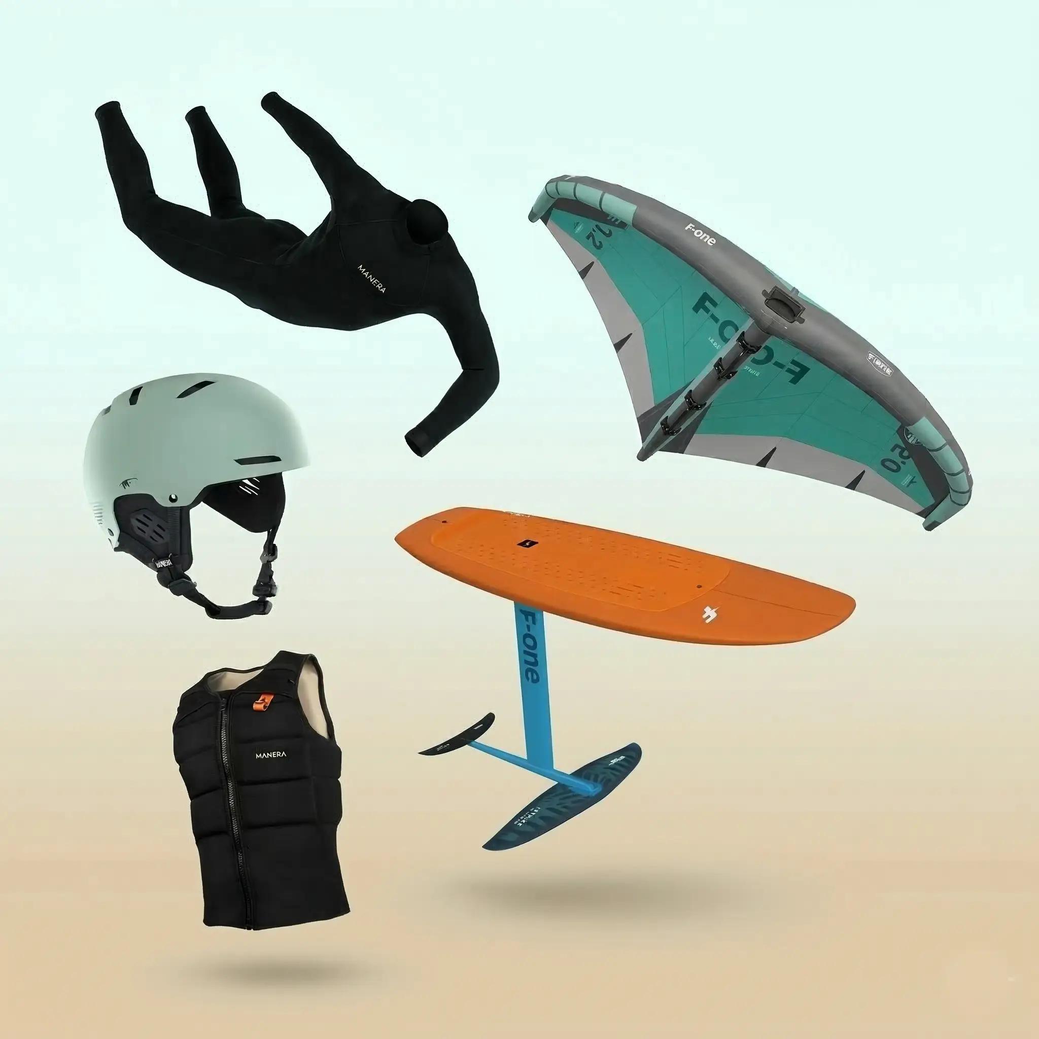 Complete wingfoil rental gear from Bluboarding including wing, foil board, mast, impact vest and accessories ready for a session in Morocco.